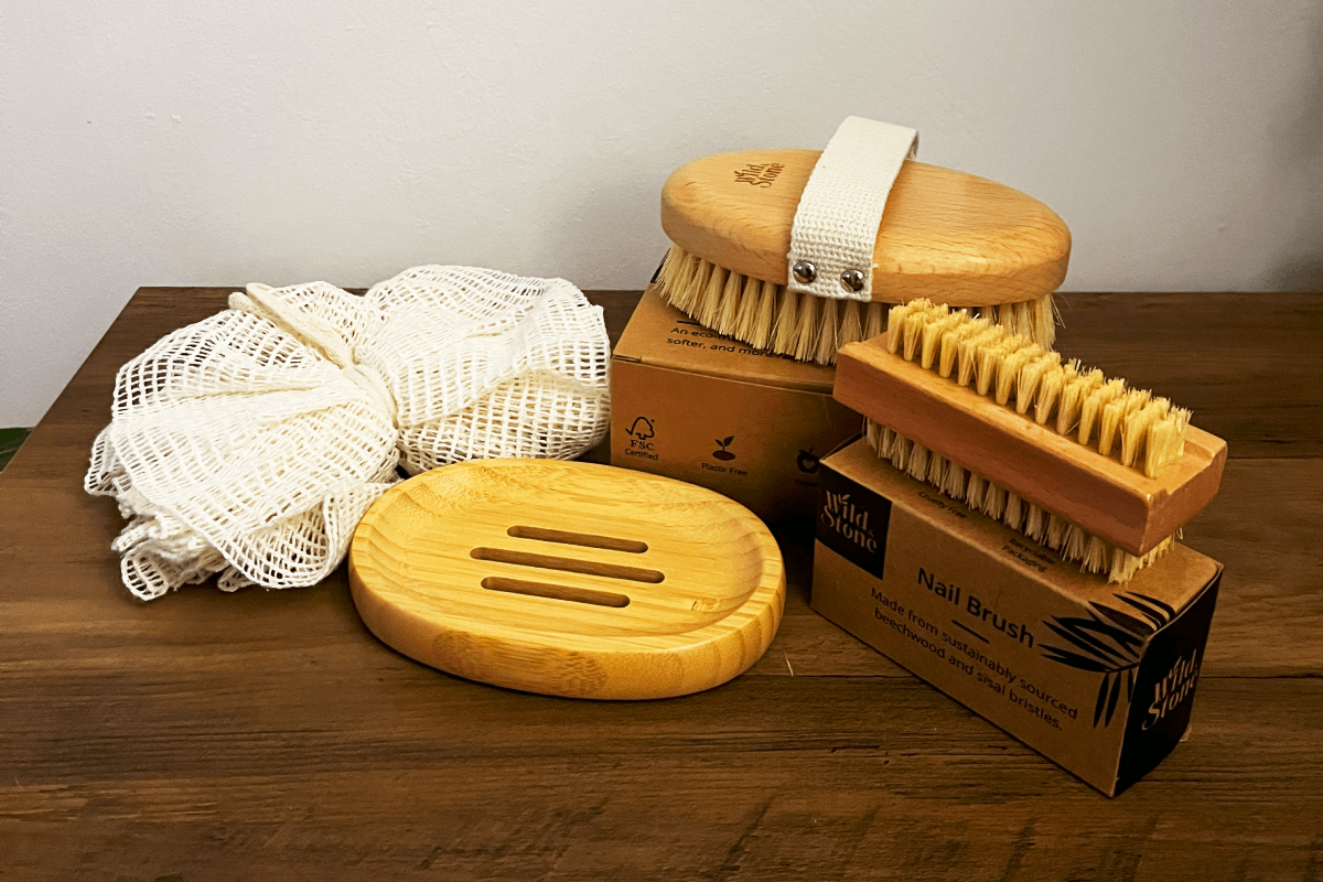 Eco friendly self care products, sisal shower puff, natural body brush, natural nail brush & bamboo soap dish.